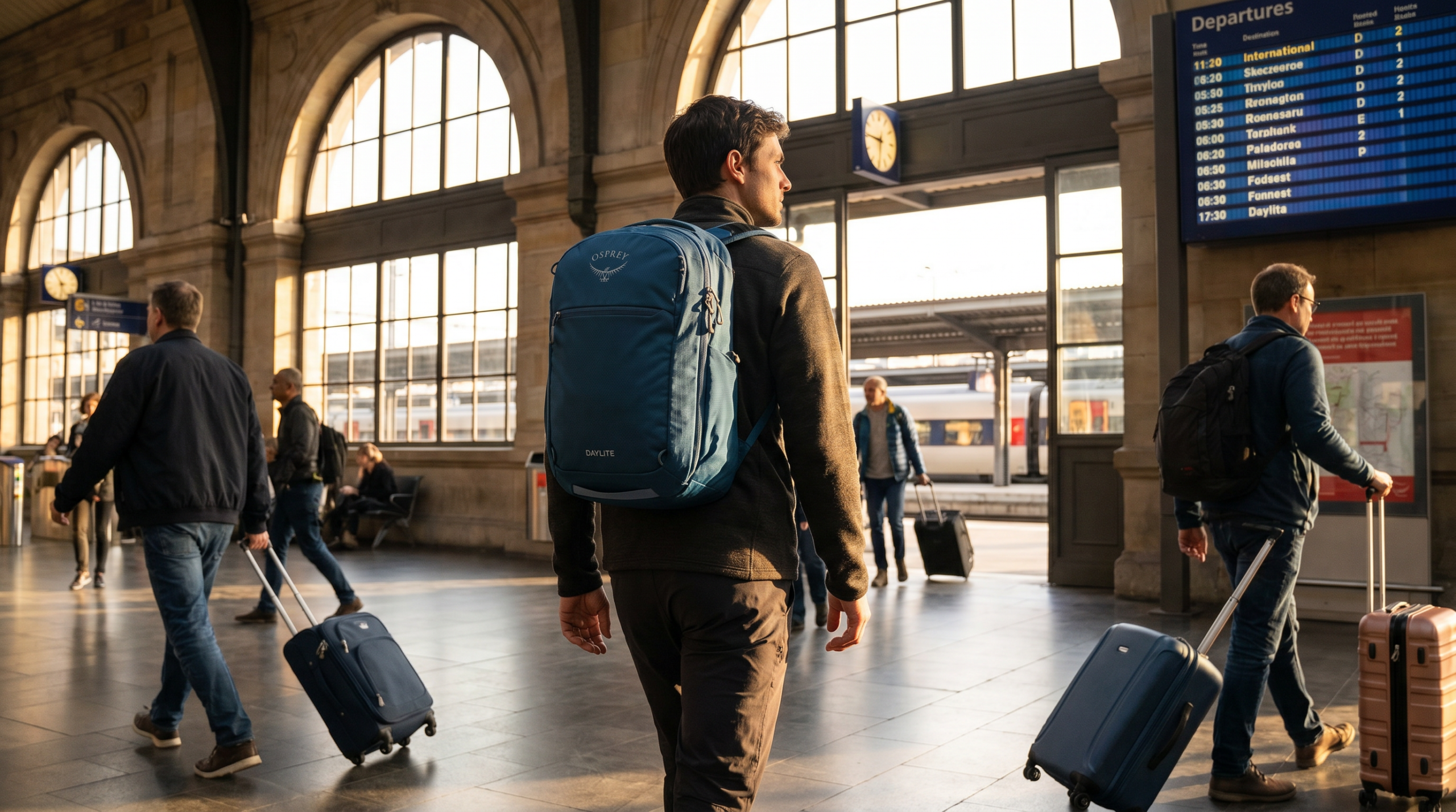 Man wearing teal Osprey Daylite 26+6 backpack in airport